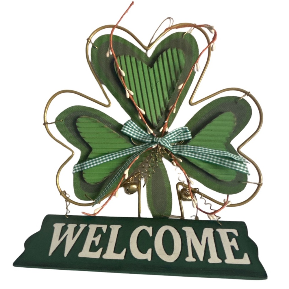 St Patricks Day Metal Wood Shamrock Welcome Door Sign Festive Hanging Wall Decor